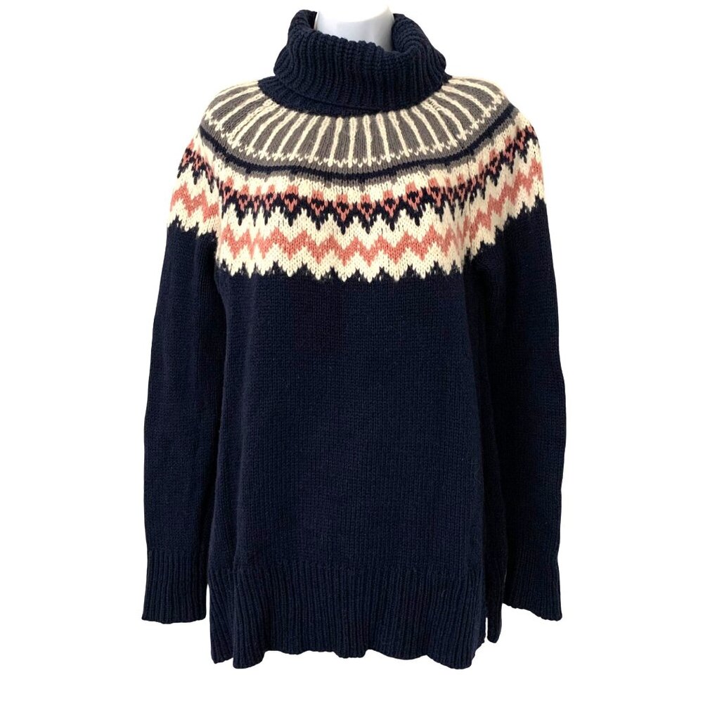 Loft Fair Isle Knit Turtleneck Sweater Navy White Pink Pattern Womens Size M
